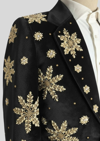 Men’s Black Velvet Christmas Embroidered Blazer – Reindeer & Snowflake Handwork Festive Party Jacket