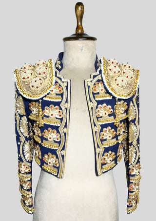 Men’s Navy Matador Suit 2Pc – Gold Embroidered Spanish Bullfighter Bolero Jacket & Vest, Beaded Shoulder Pads, Carnival & Wedding Outfit