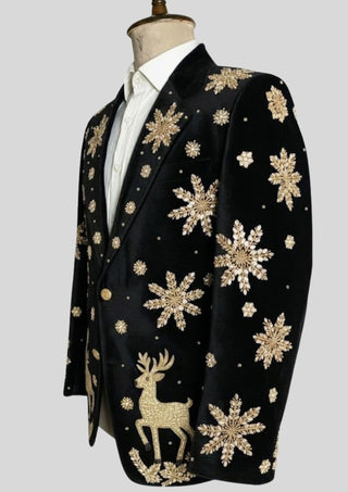 Men’s Black Velvet Christmas Embroidered Blazer – Reindeer & Snowflake Handwork Festive Party Jacket