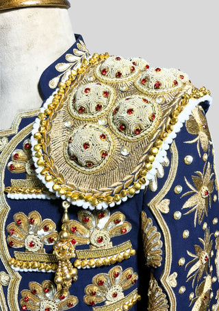 Men’s Navy Matador Suit 2Pc – Gold Embroidered Spanish Bullfighter Bolero Jacket & Vest, Beaded Shoulder Pads, Carnival & Wedding Outfit