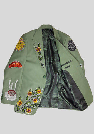 Men’s Palm Green Country Western Blazer with Floral Embroidery Rhinestone Detail Groom Outfit