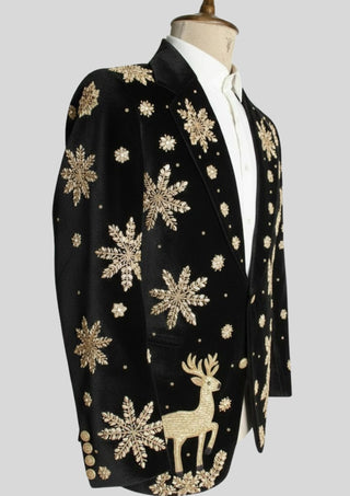 Men’s Black Velvet Christmas Embroidered Blazer – Reindeer & Snowflake Handwork Festive Party Jacket