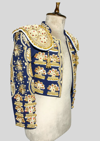 Men’s Navy Matador Suit 2Pc – Gold Embroidered Spanish Bullfighter Bolero Jacket & Vest, Beaded Shoulder Pads, Carnival & Wedding Outfit