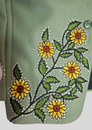 Men’s Palm Green Country Western Blazer with Floral Embroidery Rhinestone Detail Groom Outfit