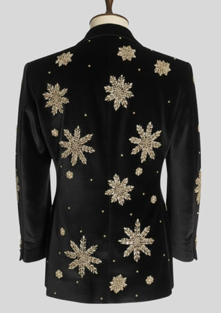 Men’s Black Velvet Christmas Embroidered Blazer – Reindeer & Snowflake Handwork Festive Party Jacket