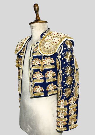 Men’s Navy Matador Suit 2Pc – Gold Embroidered Spanish Bullfighter Bolero Jacket & Vest, Beaded Shoulder Pads, Carnival & Wedding Outfit