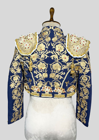 Men’s Navy Matador Suit 2Pc – Gold Embroidered Spanish Bullfighter Bolero Jacket & Vest, Beaded Shoulder Pads, Carnival & Wedding Outfit