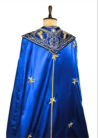 Men Blue Satin Gold Embroidered Cloak Cape Custom Historical Mantle Theatrical Costume Wedding Outfit