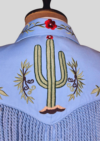Men’s Powder Blue Country Western Suit – 2 Piece Cowboy Wedding Outfit with Cactus Embroidery & Fringe Detail
