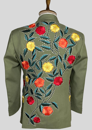 Men’s Country Western 3 Piece Suit – Olive Green Floral Embroidered Groom Suit with Rhinestone Work, Blazer Vest & Matching Tie