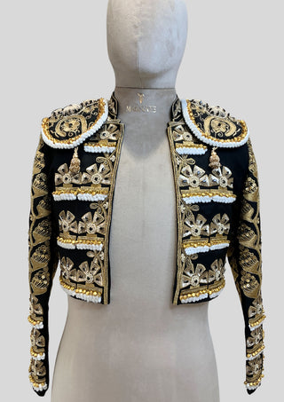 Men’s Luxury Matador Crop Jacket – Black & Gold Fully Embroidered Spanish Torero Bolero Jacket