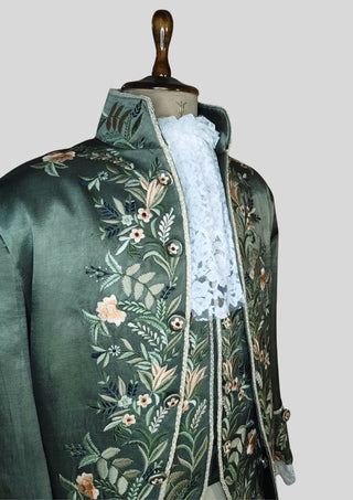 Men’s Green Satin Floral Embroidered Rococo 3 Piece Suit 18th Century Historical Costume