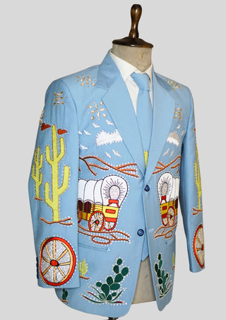 Men's Country 2 Piece Embroidered Wedding Suit Powder Blue Groom Outfit