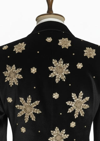 Men’s Black Velvet Christmas Embroidered Blazer – Reindeer & Snowflake Handwork Festive Party Jacket