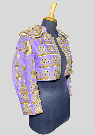 Lavender Embroidered Women’s Matador Jacket – Gold Work Cropped Spanish Style with Beaded Shoulder Pads, Festival & Wedding Wear