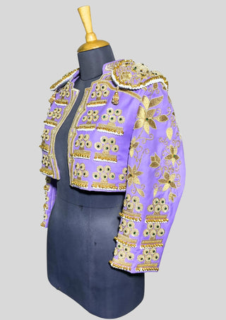 Lavender Embroidered Women’s Matador Jacket – Gold Work Cropped Spanish Style with Beaded Shoulder Pads, Festival & Wedding Wear