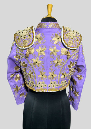 Lavender Embroidered Women’s Matador Jacket – Gold Work Cropped Spanish Style with Beaded Shoulder Pads, Festival & Wedding Wear