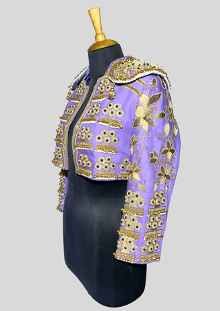 Lavender Embroidered Women’s Matador Jacket – Gold Work Cropped Spanish Style with Beaded Shoulder Pads, Festival & Wedding Wear