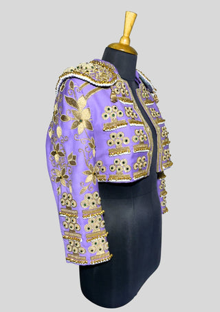 Lavender Embroidered Women’s Matador Jacket – Gold Work Cropped Spanish Style with Beaded Shoulder Pads, Festival & Wedding Wear