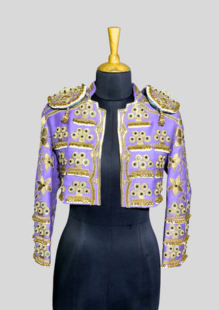 Lavender Embroidered Women’s Matador Jacket – Gold Work Cropped Spanish Style with Beaded Shoulder Pads, Festival & Wedding Wear