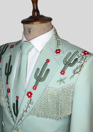 Western Cowboy Fringe Blazer - Embroidered Cactus Suit Jacket - Rodeo Style