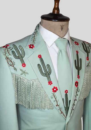 Western Cowboy Fringe Blazer - Embroidered Cactus Suit Jacket - Rodeo Style