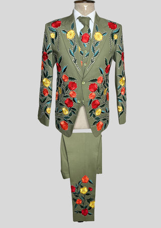 Men’s Country Western 3 Piece Suit – Olive Green Floral Embroidered Groom Suit with Rhinestone Work, Blazer Vest & Matching Tie