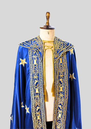 Men Blue Satin Gold Embroidered Cloak Cape Custom Historical Mantle Theatrical Costume Wedding Outfit