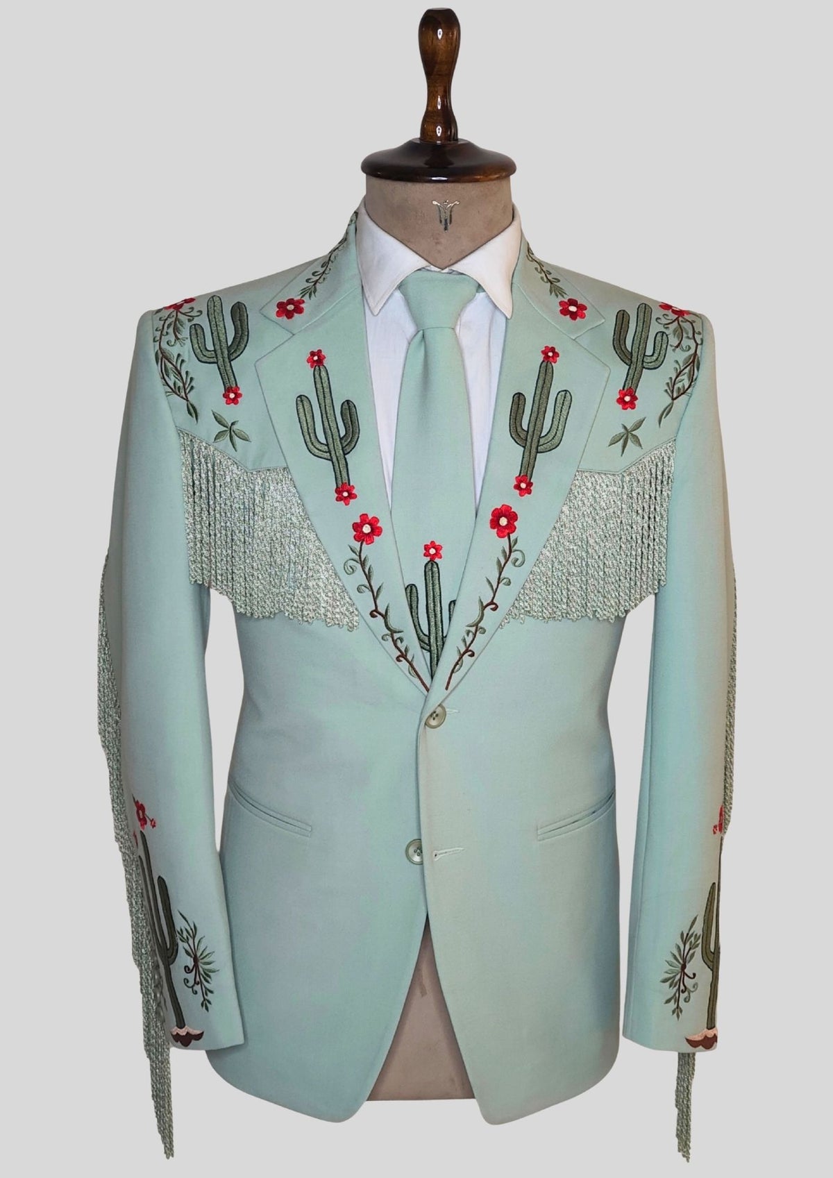 Western Cowboy Fringe Blazer - Embroidered Cactus Suit Jacket - Rodeo Style