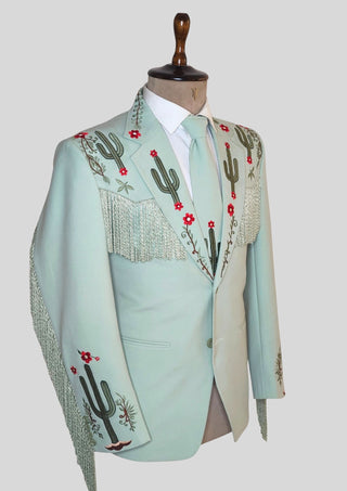 Western Cowboy Fringe Blazer - Embroidered Cactus Suit Jacket - Rodeo Style