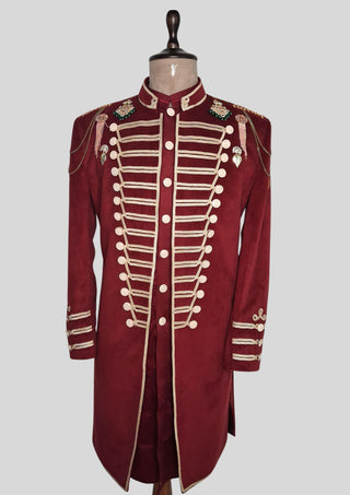 Men’s Maroon Military Style Jacket Royal Embroidered Long Blazer Royal Party Outfit