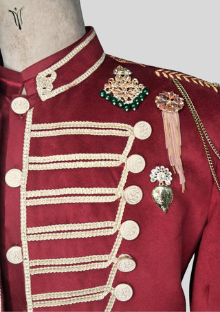Men’s Maroon Military Style Jacket Royal Embroidered Long Blazer Royal Party Outfit
