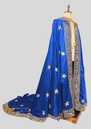 Men Blue Satin Gold Embroidered Cloak Cape Custom Historical Mantle Theatrical Costume Wedding Outfit