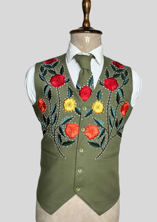 Men’s Country Western 3 Piece Suit – Olive Green Floral Embroidered Groom Suit with Rhinestone Work, Blazer Vest & Matching Tie