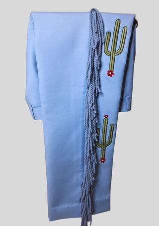 Men’s Powder Blue Country Western Suit – 2 Piece Cowboy Wedding Outfit with Cactus Embroidery & Fringe Detail
