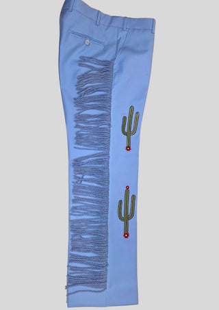 Men’s Powder Blue Country Western Suit – 2 Piece Cowboy Wedding Outfit with Cactus Embroidery & Fringe Detail