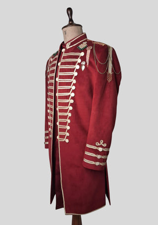 Men’s Maroon Military Style Jacket Royal Embroidered Long Blazer Royal Party Outfit