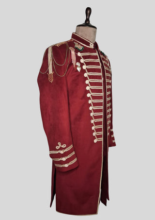 Men’s Maroon Military Style Jacket Royal Embroidered Long Blazer Royal Party Outfit