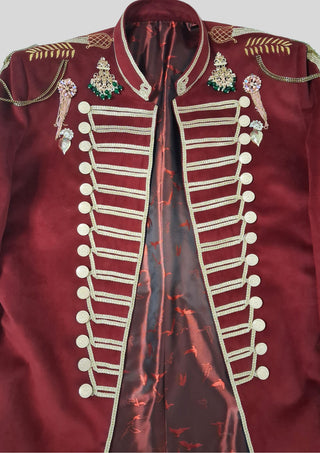 Men’s Maroon Military Style Jacket Royal Embroidered Long Blazer Royal Party Outfit
