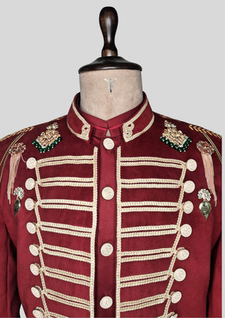 Men’s Maroon Military Style Jacket Royal Embroidered Long Blazer Royal Party Outfit