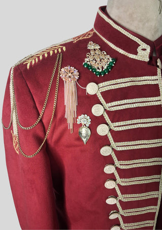 Men’s Maroon Military Style Jacket Royal Embroidered Long Blazer Royal Party Outfit