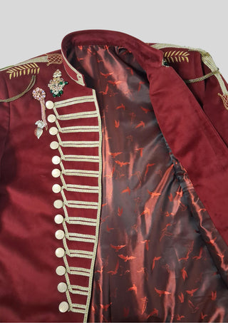 Men’s Maroon Military Style Jacket Royal Embroidered Long Blazer Royal Party Outfit