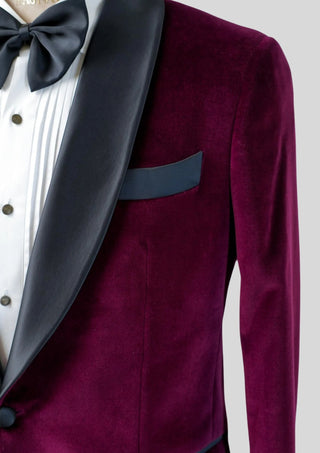 Men’s Wine Velvet Tuxedo Blazer with Black Satin Shawl Lapel Wedding Cocktail Party Outfit