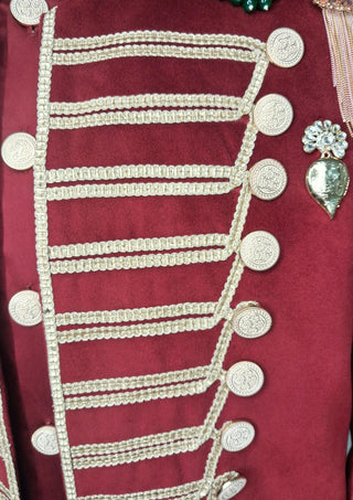 Men’s Maroon Military Style Jacket Royal Embroidered Long Blazer Royal Party Outfit