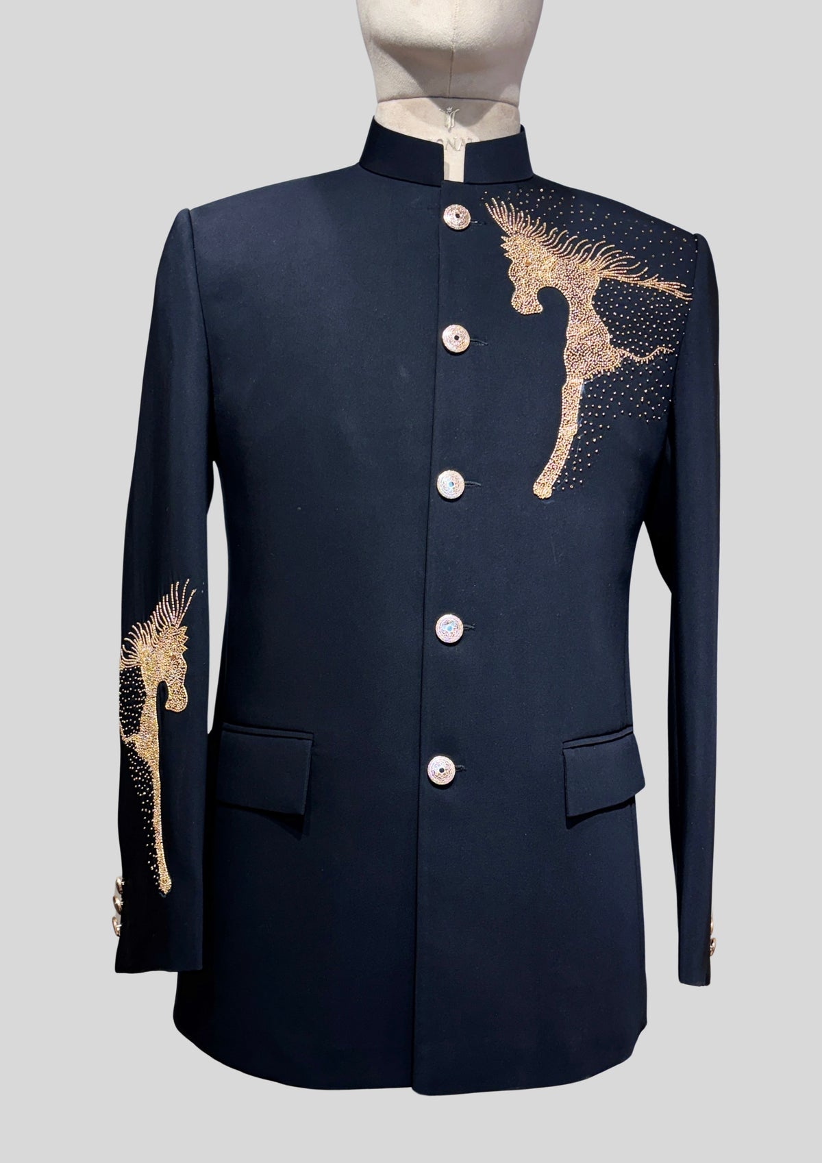Men’s Black Bandhgala Blazer with Gold Horse Embellishment Cocktail Party Outfit