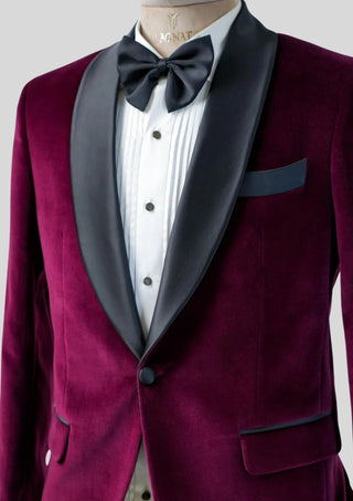 Men’s Wine Velvet Tuxedo Blazer with Black Satin Shawl Lapel Wedding Cocktail Party Outfit