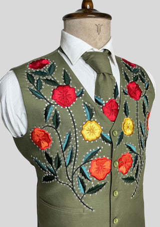 Men’s Country Western 3 Piece Suit – Olive Green Floral Embroidered Groom Suit with Rhinestone Work, Blazer Vest & Matching Tie