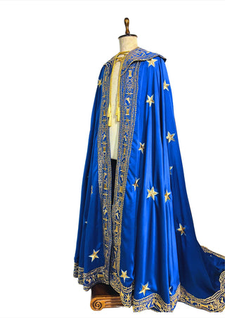 Men Blue Satin Gold Embroidered Cloak Cape Custom Historical Mantle Theatrical Costume Wedding Outfit