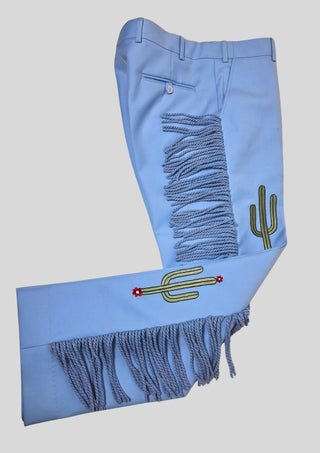 Men’s Powder Blue Country Western Suit – 2 Piece Cowboy Wedding Outfit with Cactus Embroidery & Fringe Detail