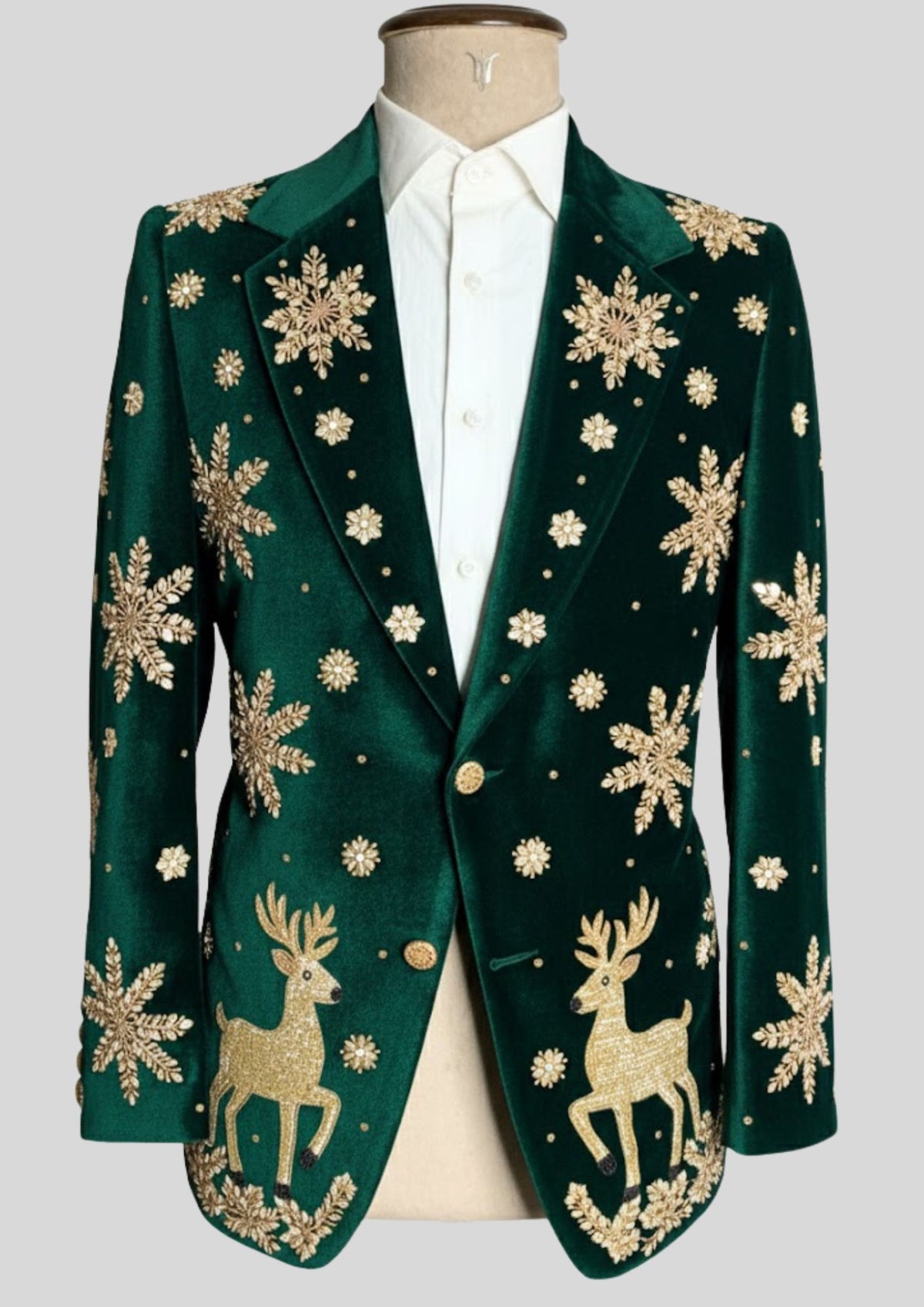 Men’s Green Velvet Christmas Embroidered Blazer – Reindeer & Snowflake Handwork Festive Party Jacket